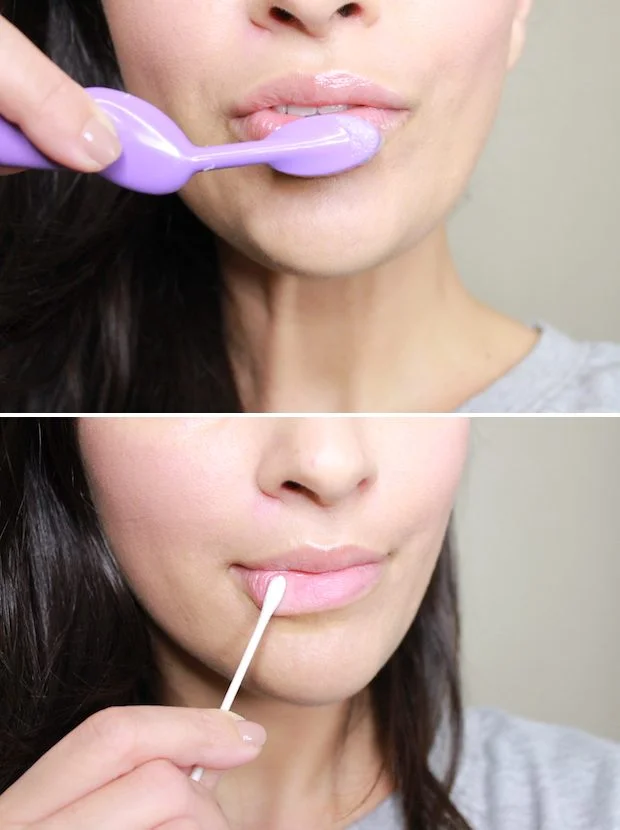 Lip Scrub Brush your lips with the oil and baking soda mixture using the toothbrush to remove any dead skin and give your lips a smoother appearance. Wipe off excess mixture with wet cotton bud