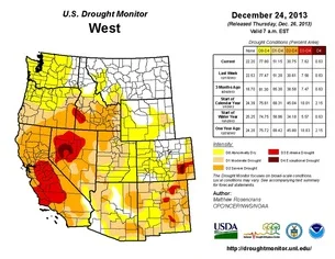 Above: "Drought status of the western U.S. as of Dec. 24, 2013. Areas of worse drought are indicated by the progressively more tan/brown contours. (NOAA/USDA/NDMC)."