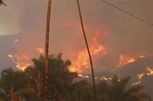 Above: "A wildfire burned in the hills just north of the San Gabriel Valley community of Glendora, Calif. today. Southern California authorities have ordered the evacuation of homes at the edge of a fast-moving wildfire burning in the dangerously dry foothills of the San Gabriel Mountains." - Associated Press