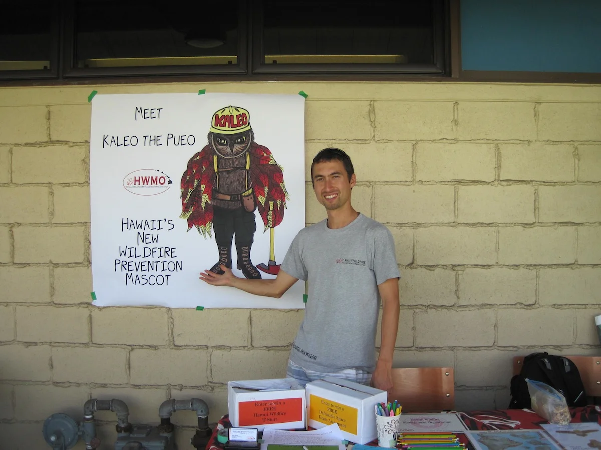 Pablo Beimler showcases Hawaii's new wildfire prevention mascot: Kaleo the Pueo.