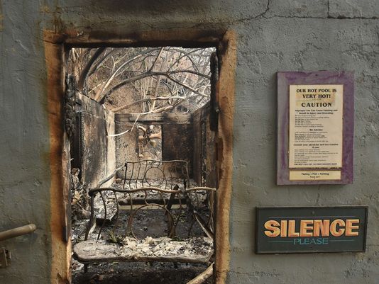 "Burned out remains of the popular nudist destination, Harbin Hot Springs is seen after the Valley fire roared through the area near Middletown, Calif. on Sept, 14. (Photo: Josh Edelson, AFP/Getty Images)"