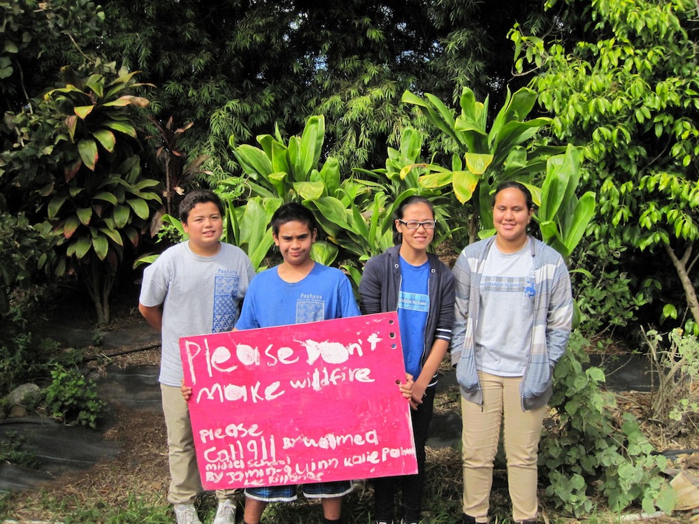 Youth Wildfire Prep Team from Waimea Middle School. From left to right: Zakahry Murakami-Mattos, Jamin-Quinn Lee Rillanos, Zariah River, Kawehi Bell-Kaopuiki. 
