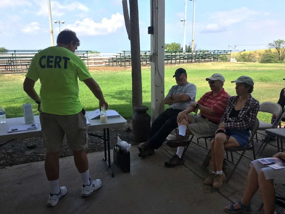 Waikoloa CERT member Mark Gordon demonstrates the fire triangle at a training.