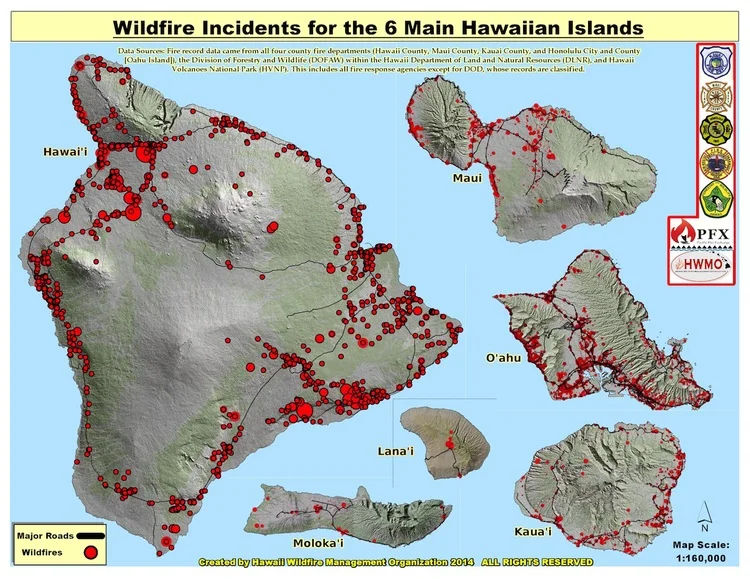 " According to the Hawaii Wildfire Management Organization , about 0.5% of Hawaii’s total land area burns annually, as much or more than the proportion of land are burned in any other US state. In Hawaii, 98% of wildfires are human caused."