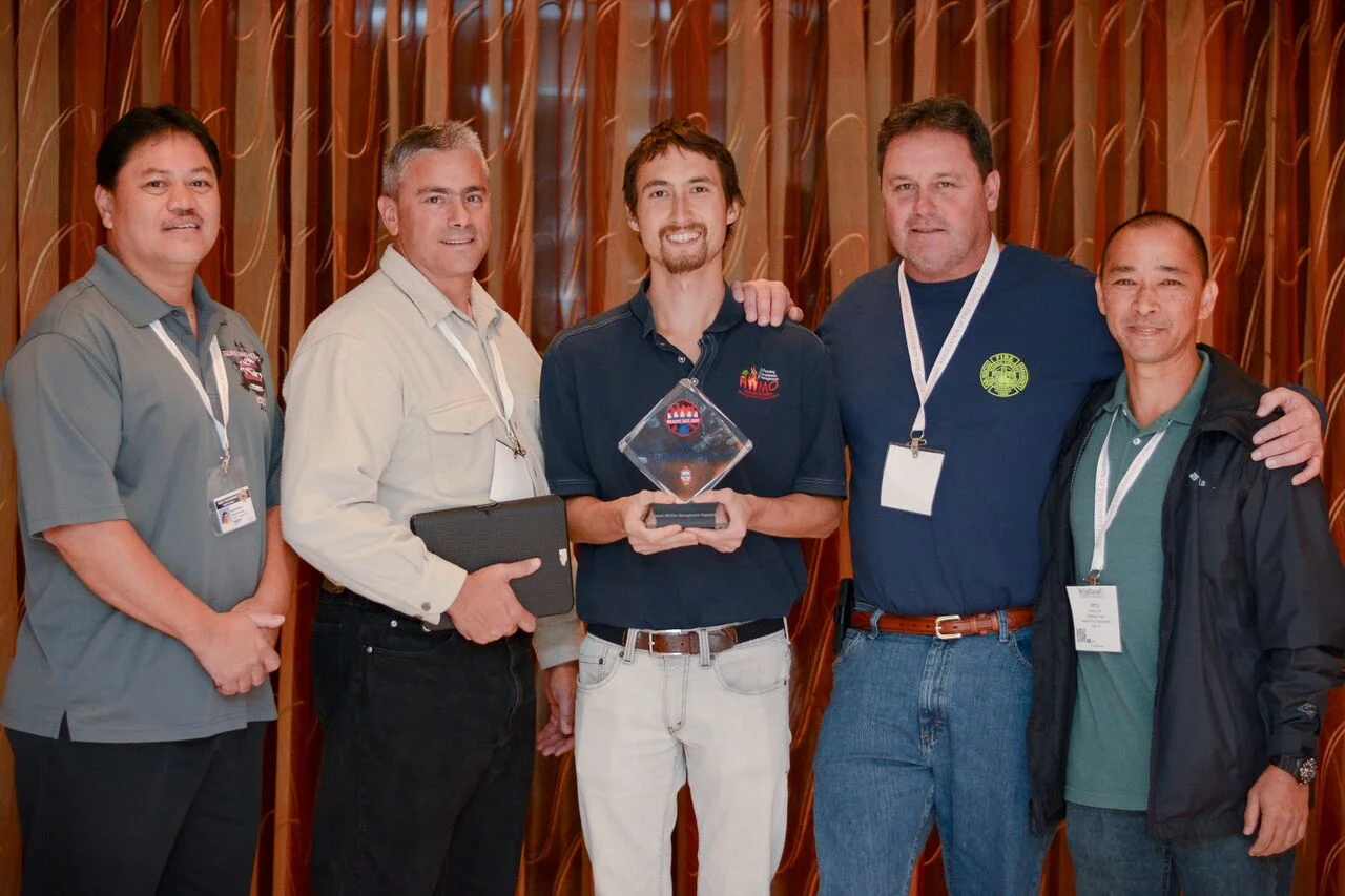 Pablo Beimler shares HWMO's Ready Set Go! Leadership Award with Hawaii FD's (from left to right) Chief Gantry Andrade, Chief Darren Rosario, Captain Bill Bergin, and BC Jerry Lum.