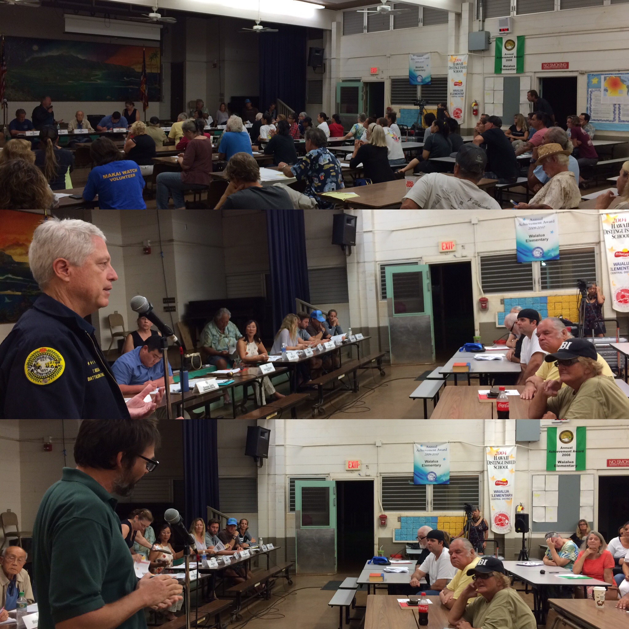 Chief Seelig of Honolulu Fire Department (middle) and Clay Trauernicht of University of Hawaii CTAHR Cooperative Extension (bottom) address a large group of concerned residents about wildfires in the area.