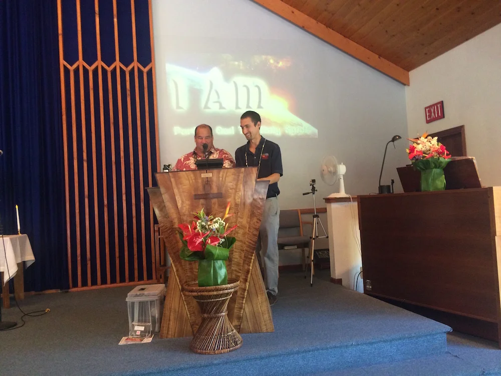 Pablo gives thanks to Pastor Greg for inviting HWMO to speak at Sunday service about Wildfire Prep Month.