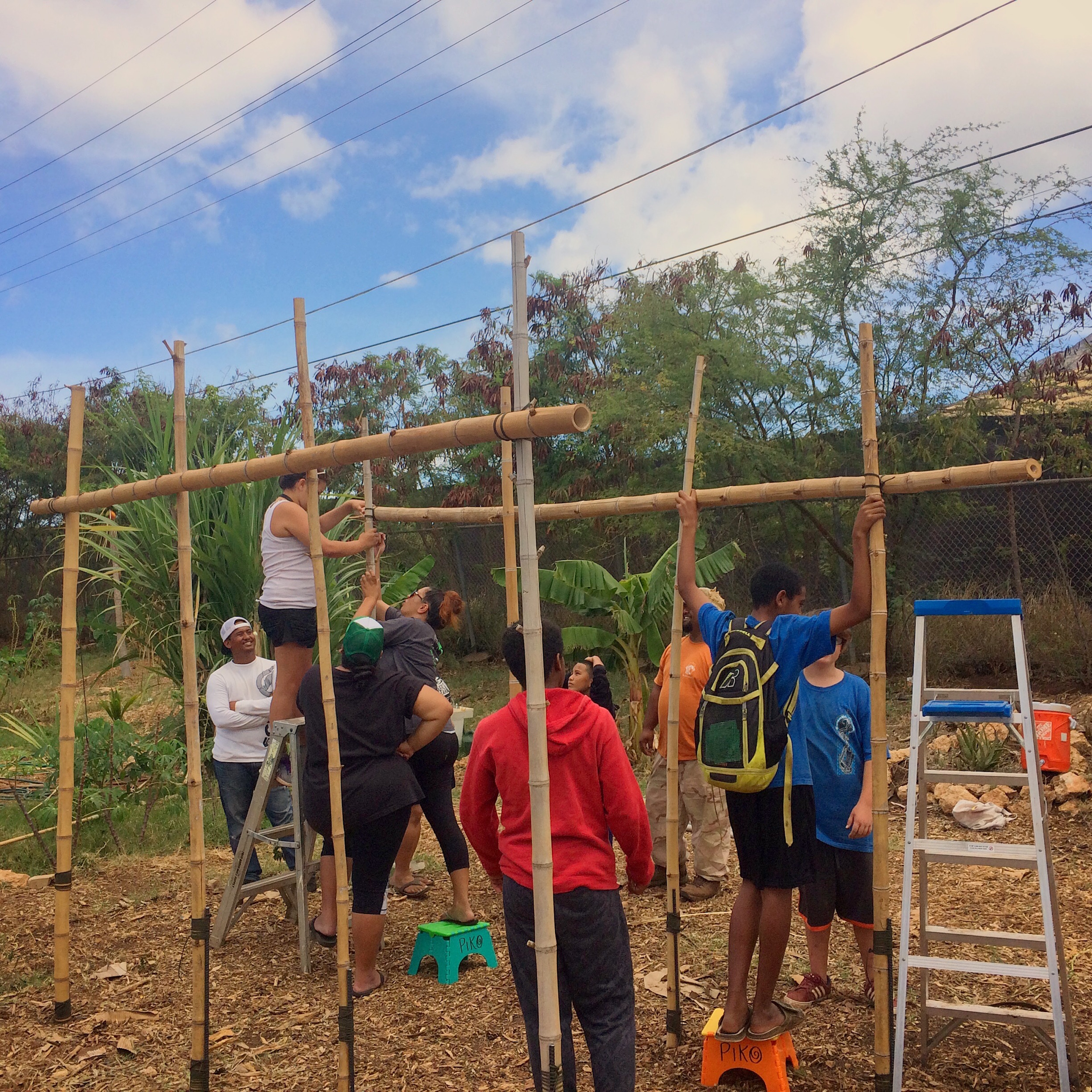 Kamaile students and visiting kumu build a hale in the garden.