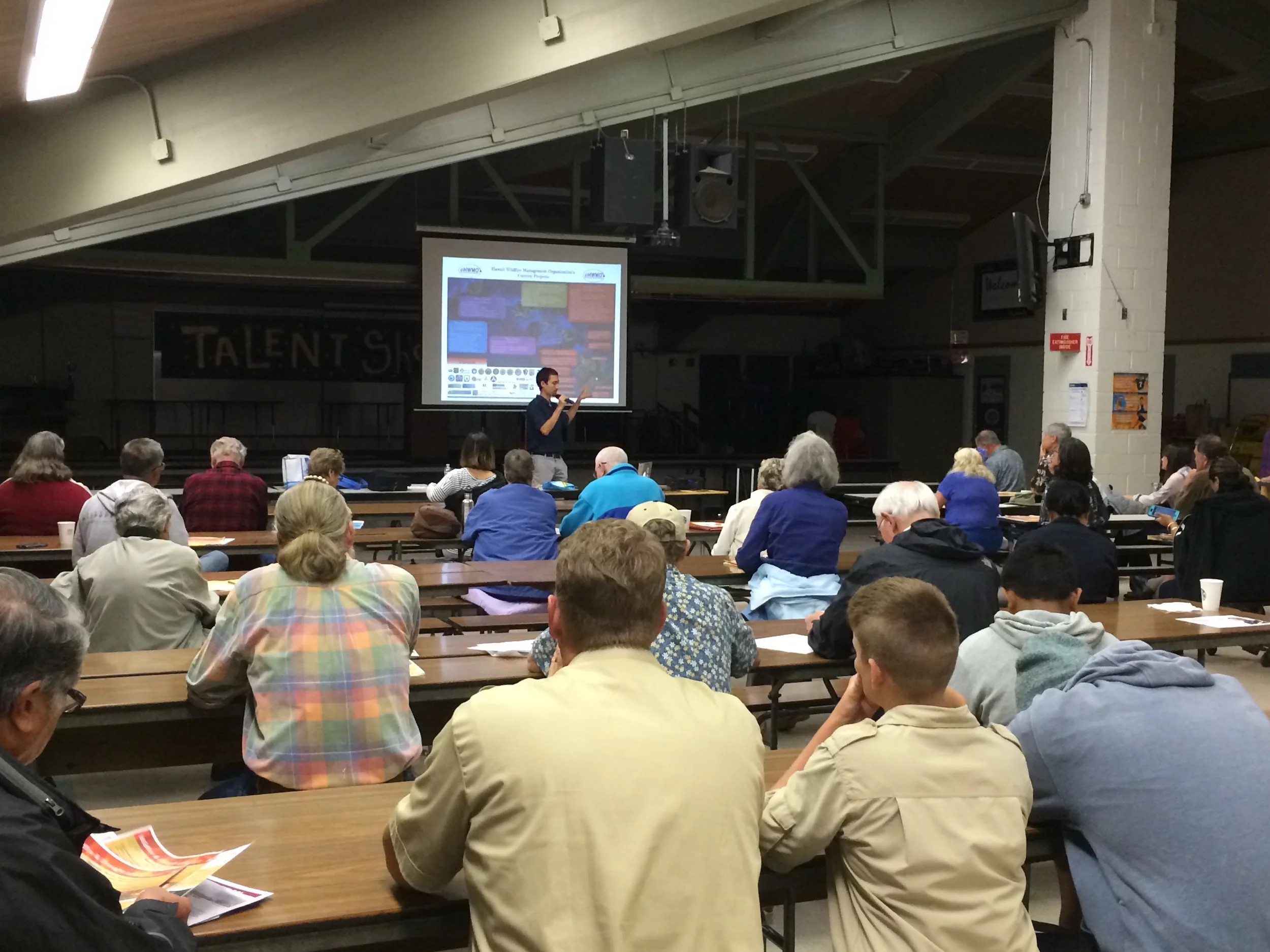 Pablo speaks to dozens of Waimea residents about wildfire preparedness in these times of drought.