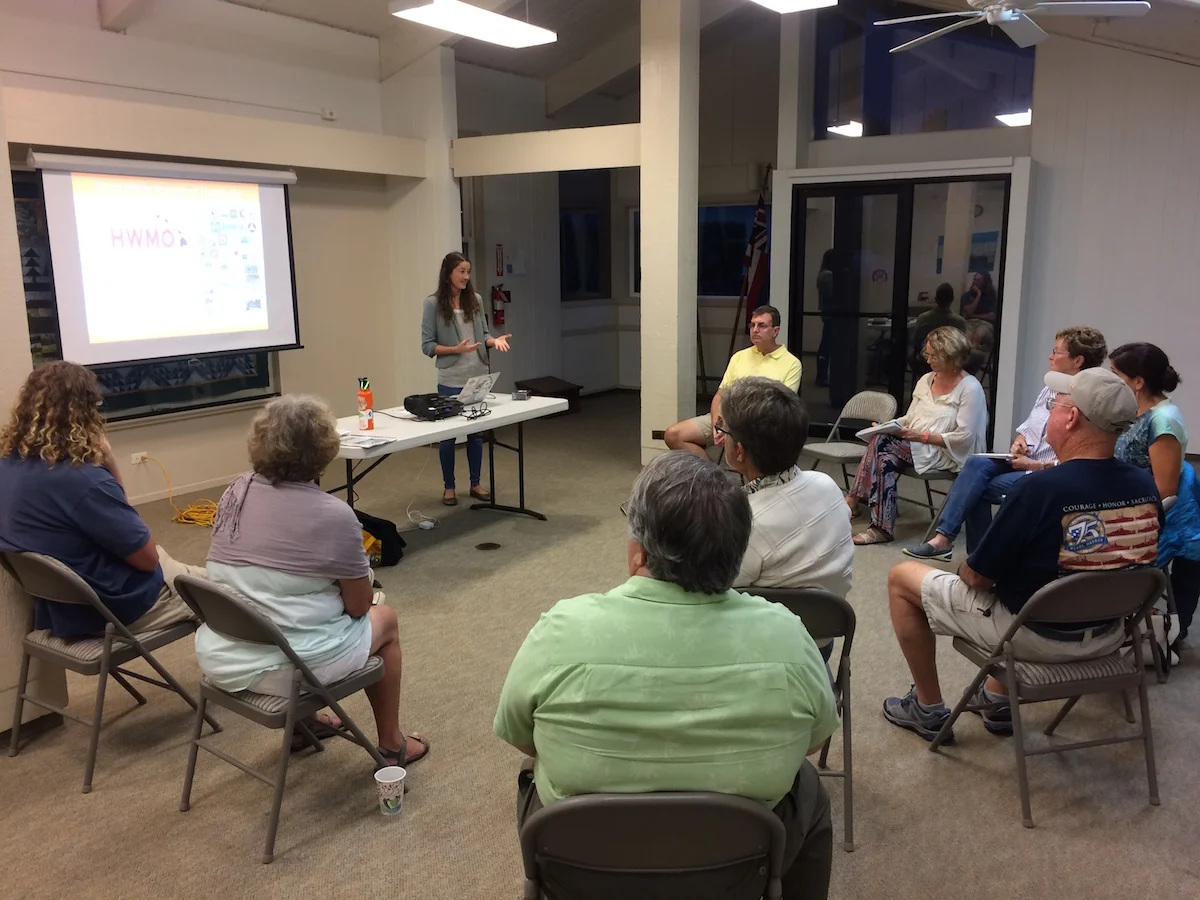 Elizabeth Pickett, HWMO, gives background on community-wide wildfire hazards in Waikoloa.