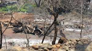 "Neighbors reported seeing kids running from the open field just before the fire broke out. The fire was stopped about 10-feet short of the home on Ulumau Place in Pāʻia. PC: 7.9.17 Maui Fire Department."
