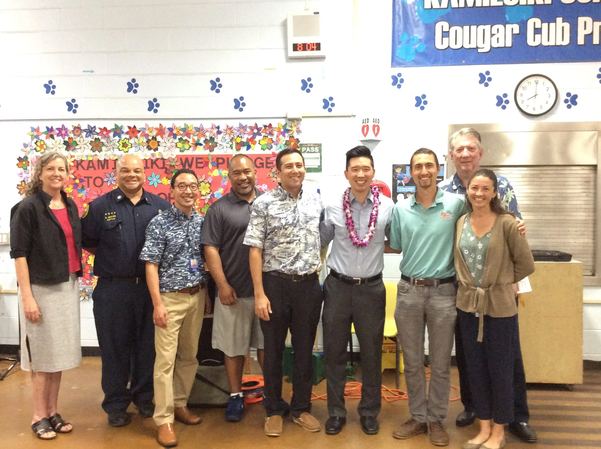 From left to right: Senator Laura Thielen, Captain David Jenkins (Honolulu FD), Cameron Sato (Senator Chang's Office), Kalama Pastor (Kamehameha Schools), Councilmember Trevor Ozawa, Senator Stanley Chang, Pablo Beimler (HWMO), Elizabeth Pickett (HWMO)
