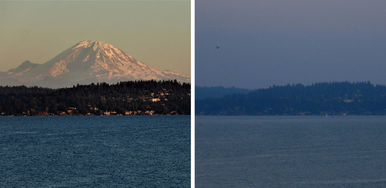 "Mount Rainier on a clear day last week, left, and a day later, after a haze had descended, obscuring the view from across Lake Washington." Credit - NWS Seattle, via Twitter