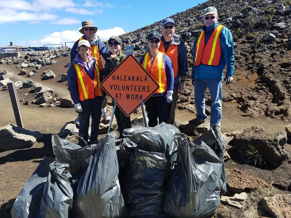 "Volunteers remove invasive plants at summit of Haleakalā." Credit: Haleakalā NP.