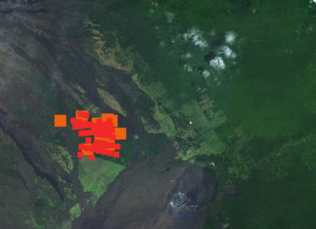 NASA FIRMS map showing the satellite pickup of hotspots from the fire so far. Orange and red signify different satellites. 