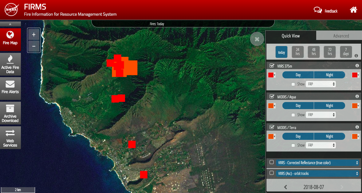 NASA FIRMS satellite imagery of Oahu fires (most current areas that are burning as of Aug. 7 12 pm). Orange and red are different satellites.