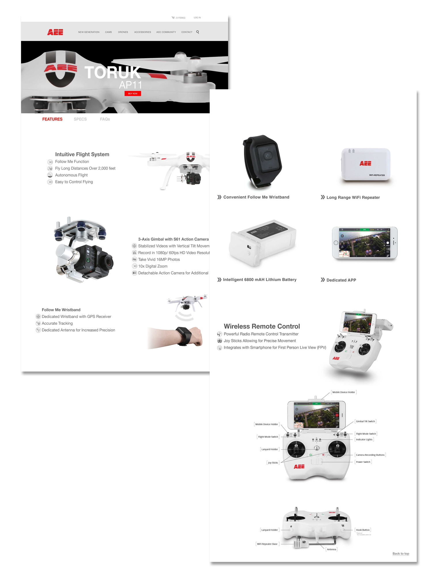 AEE Product Page Product page for AP-11 Drone. User is able to navigate through product features, specs and FAQ's and learn more about the AP-11 Drone. You are also able to add to cart and make purchase. 