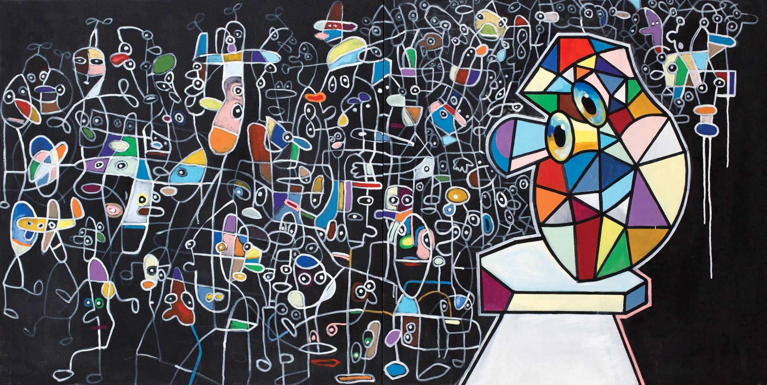 Geometric Face in a Geometric World acrylic on canvas 40 x 80” 2017