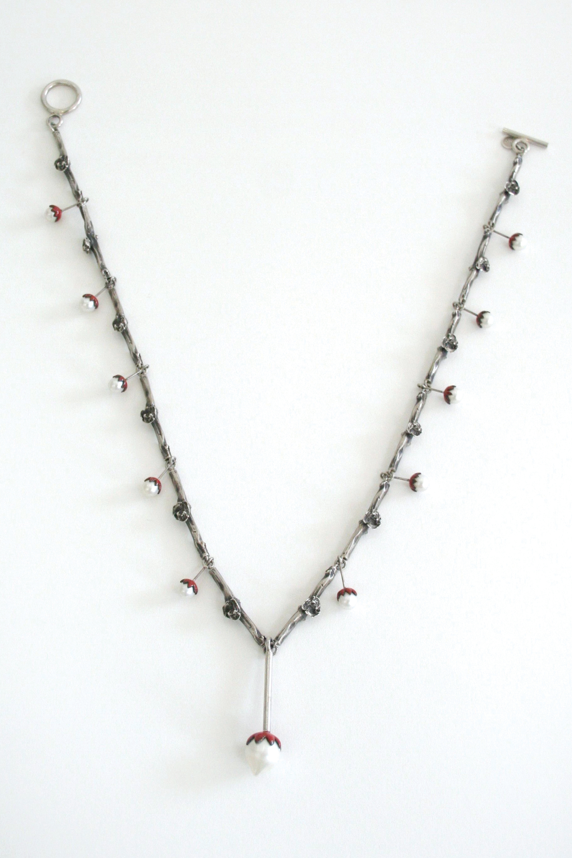   Necklace   sterling silver, pearls, enamel&nbsp;  19.5” long, .23” wide links, 1.9” x .46” centerpiece 