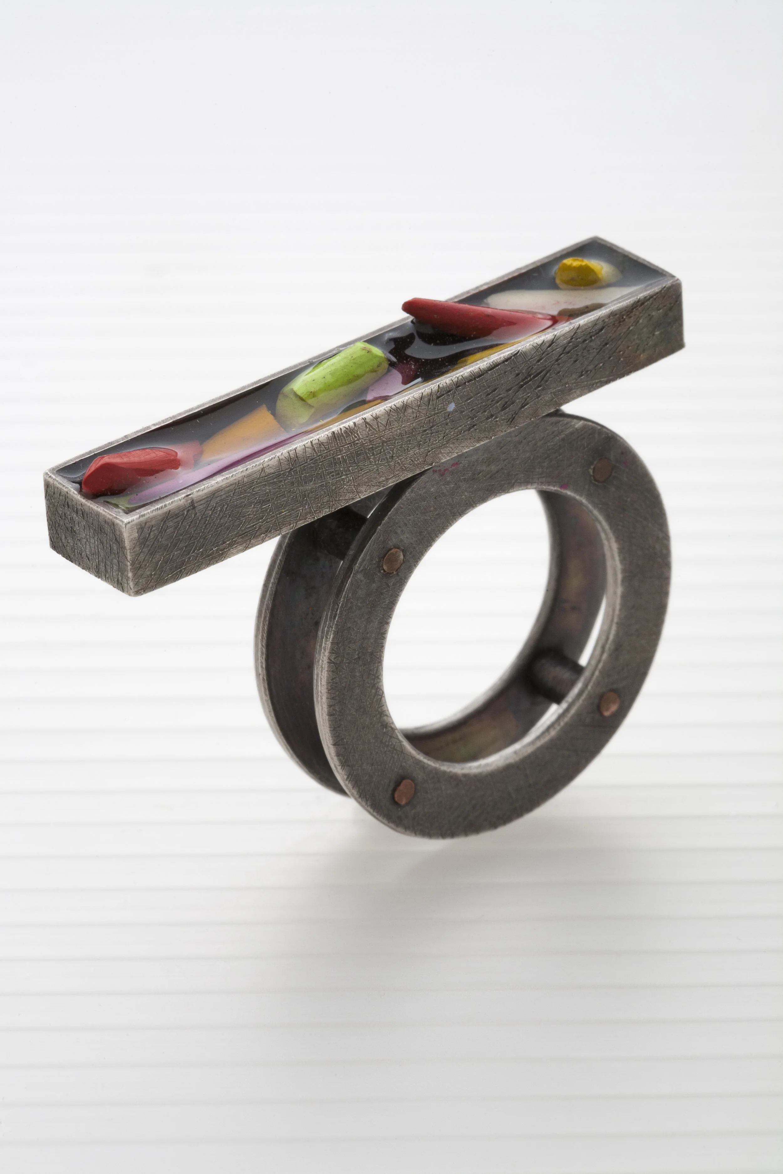 sterling silver, copper, resin, crayon tips 1.45” x 1.78” x .3”