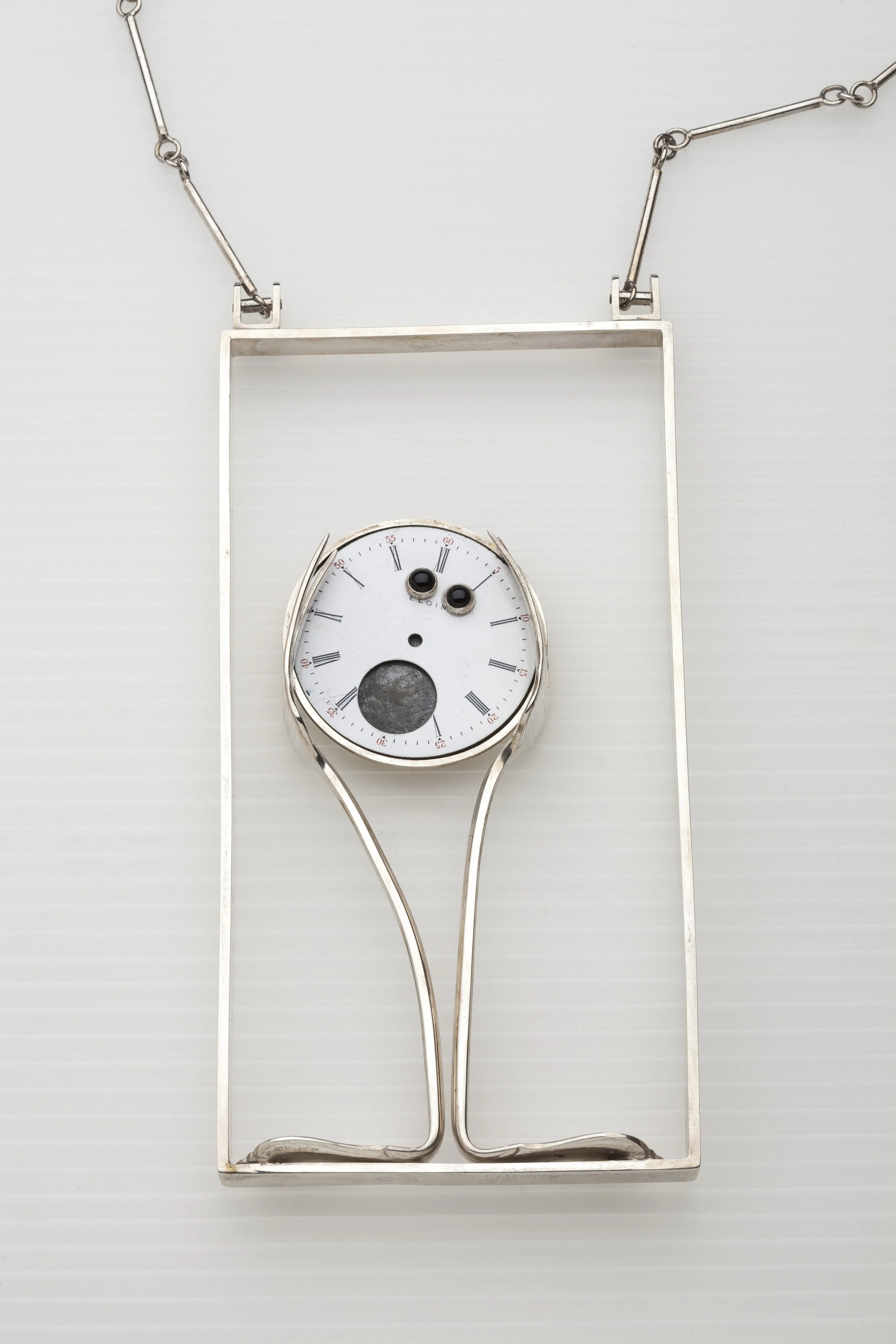 Necklace sterling silver, onyx, watch parts 3” x 2.75” x .75”