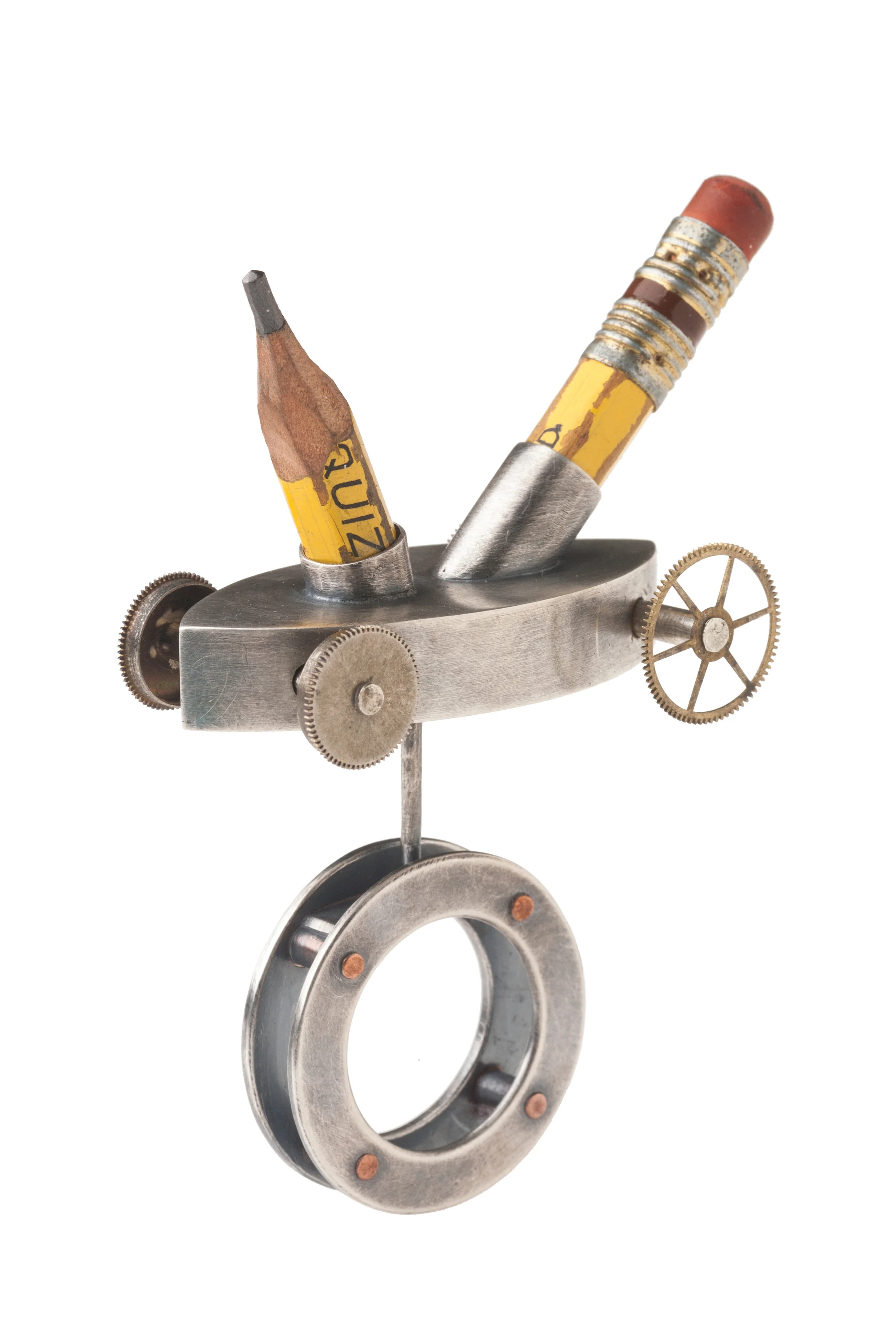 sterling silver, copper, watch parts, pencil 3.25” x 2.5” x 1”