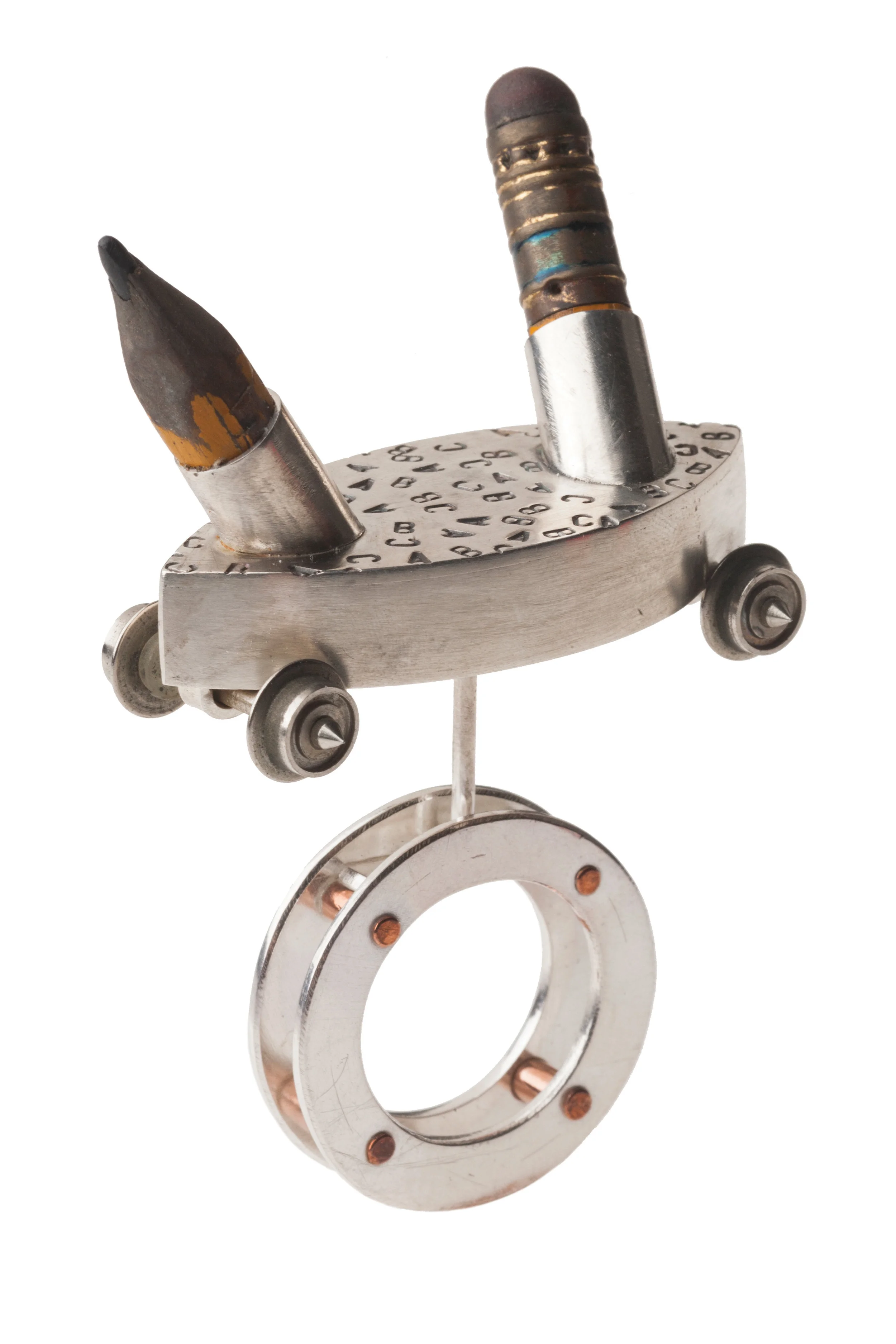 sterling silver, copper, found parts, pencil 3.25” x 2” x 1.5”