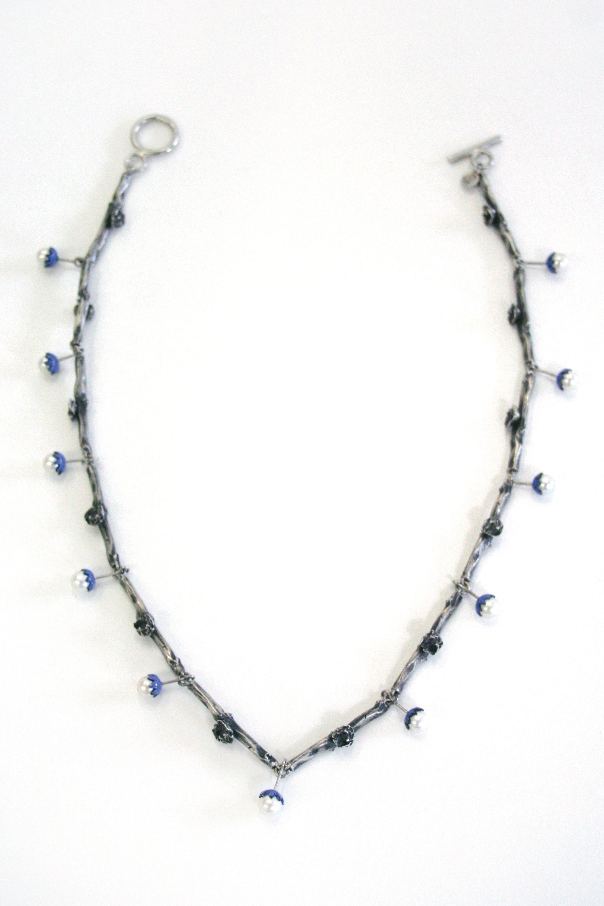   Necklace   sterling silver, pearls, enamel&nbsp;  19.4”&nbsp; long, .23” wide links 