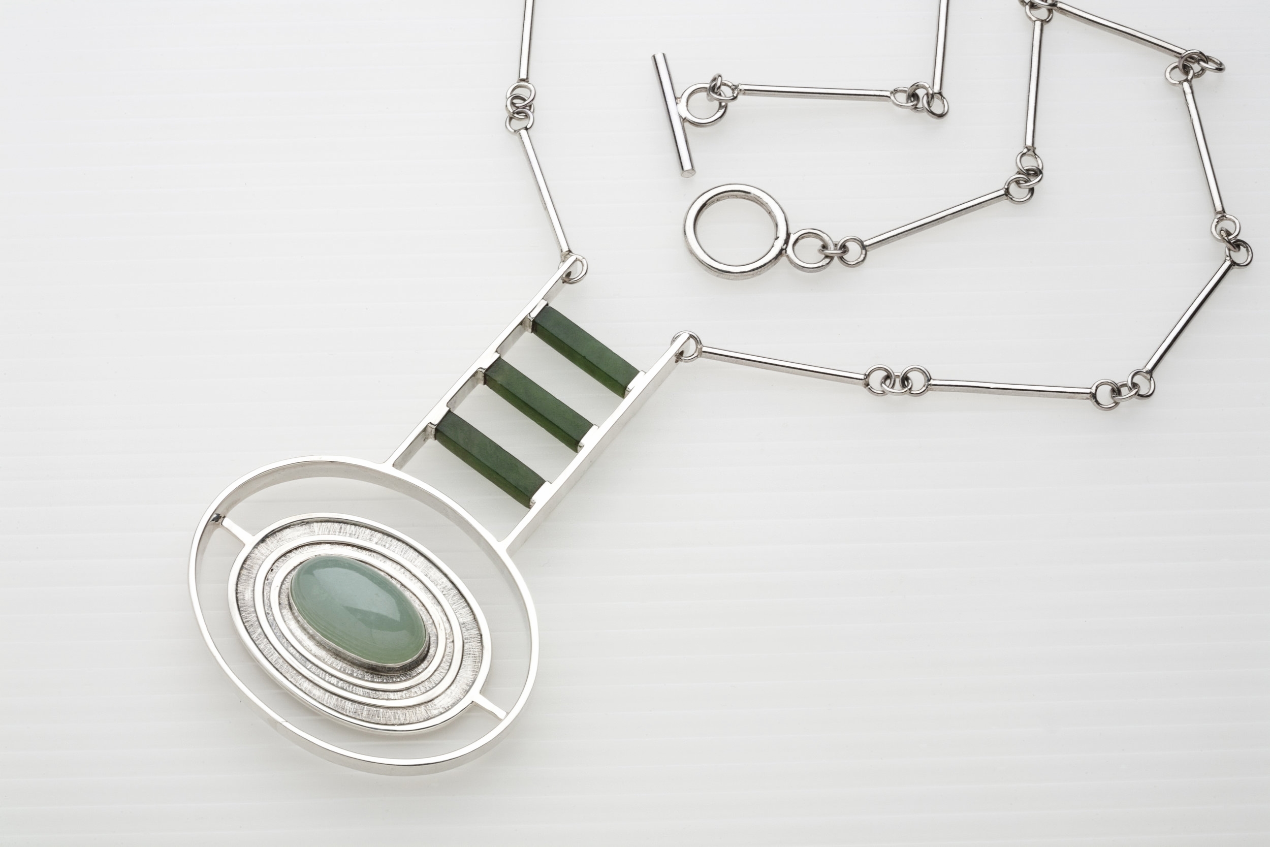   Necklace   sterling silver, jade, spinach jade&nbsp;  3.64” x 2.3” x .46” 