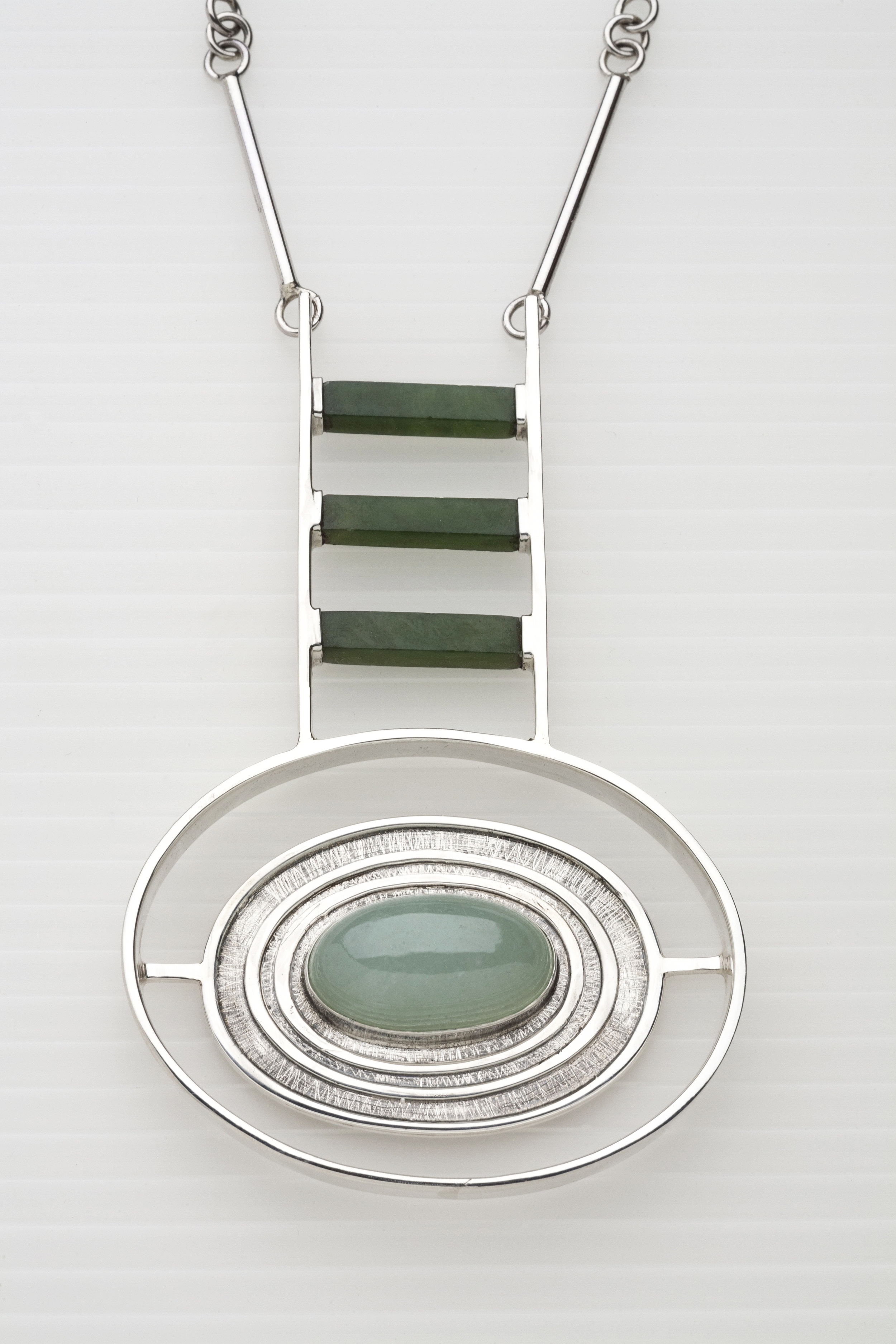   Necklace   sterling silver, jade, spinach jade&nbsp;  3.64” x 2.3” x .46” 