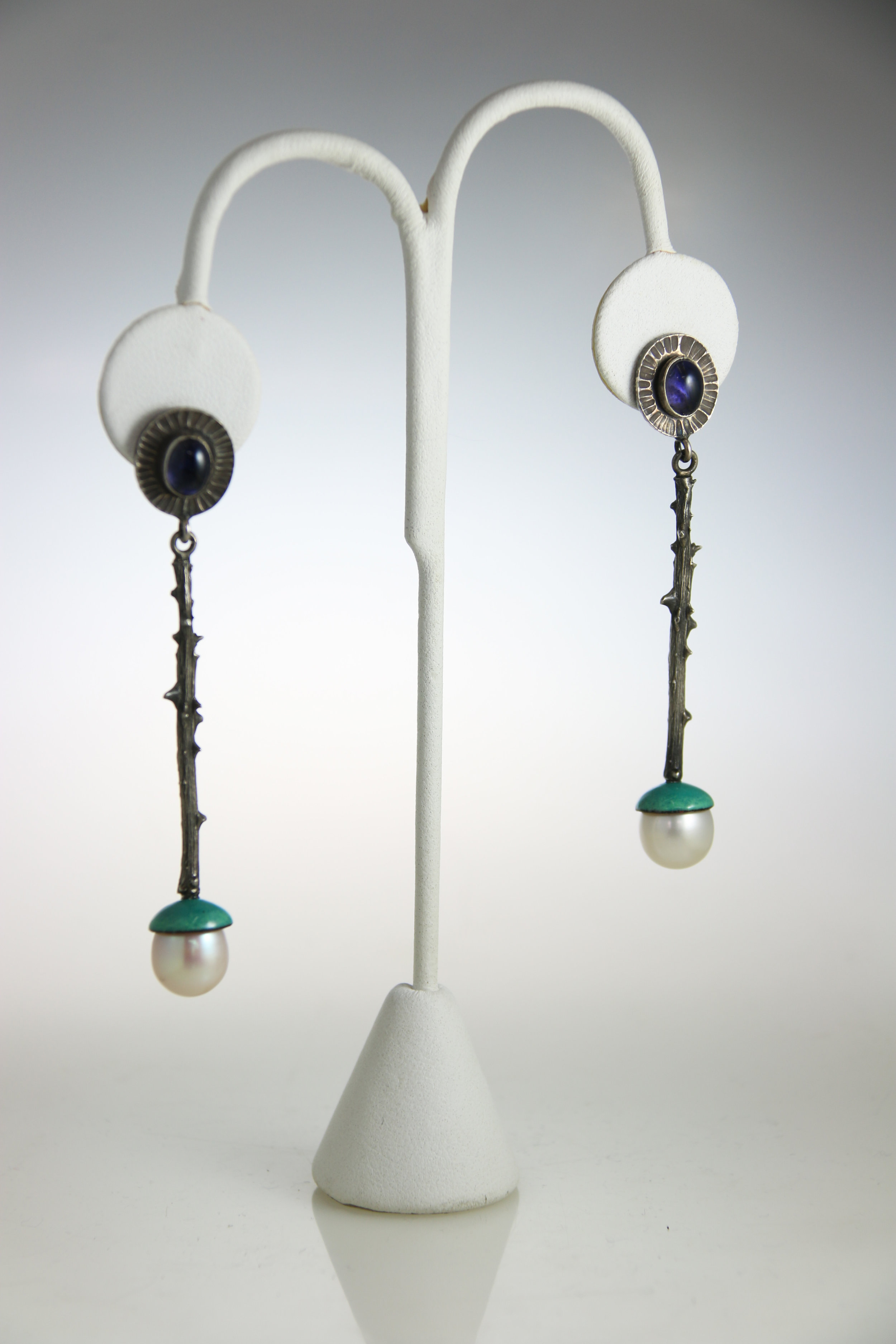   Earrings   sterling silver, pearls, enamel, gemstones  1.75” x .51” x .45”  other variations available 