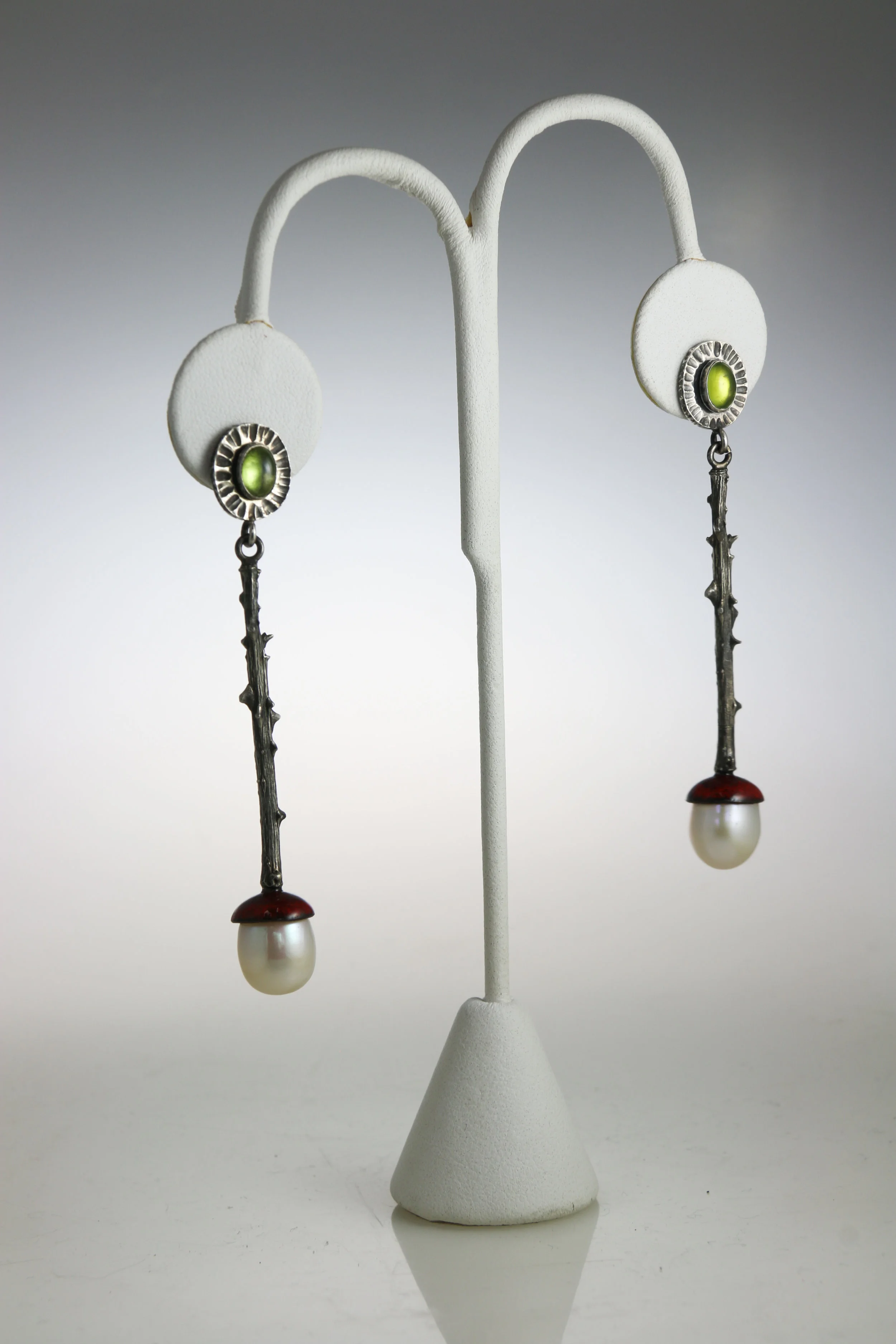 Earrings sterling silver, pearls, enamel, gemstones 1.75” x .51” x .45” other variations available