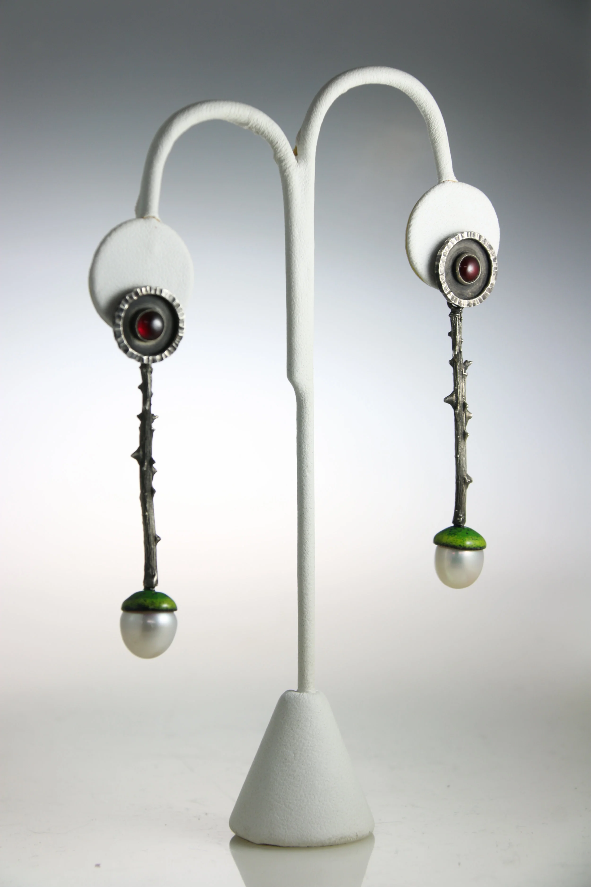 Earrings sterling silver, pearls, enamel, gemstones 1.75” x .51” x .45” other variations available