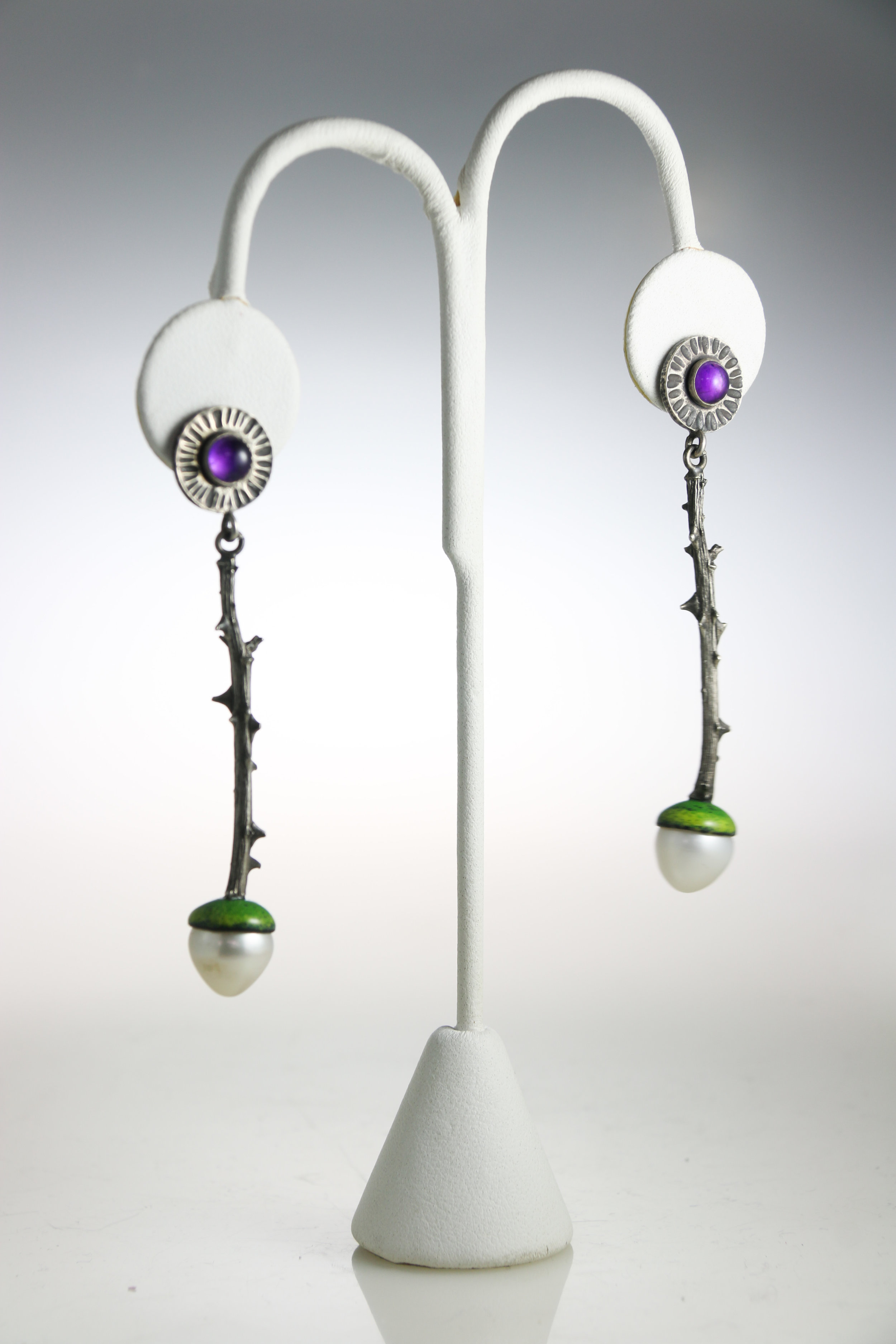   Earrings   sterling silver, pearls, enamel, gemstones  1.75” x .51” x .45”  other variations available 