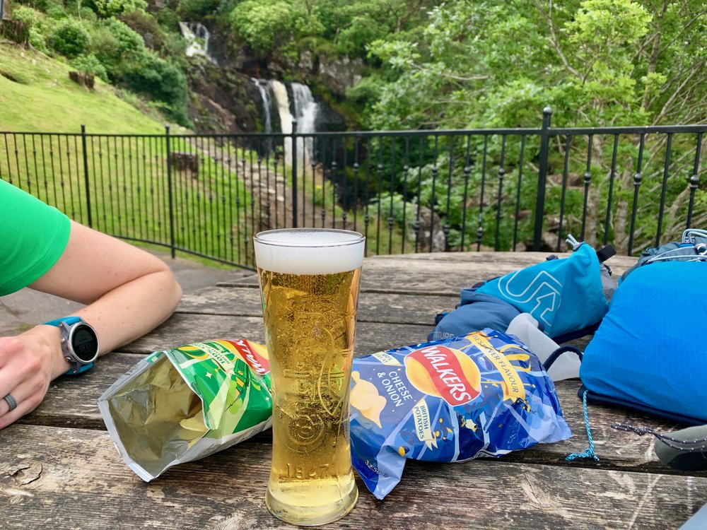 Beer, crisps, waterfall.