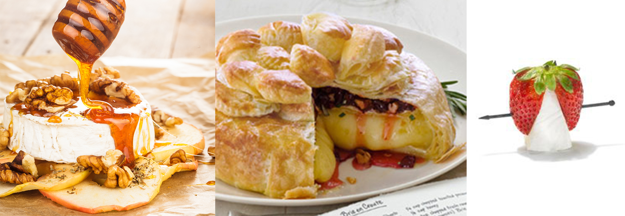 Brie drizzled in honey, baked brie with nuts, and a brie & berry pick