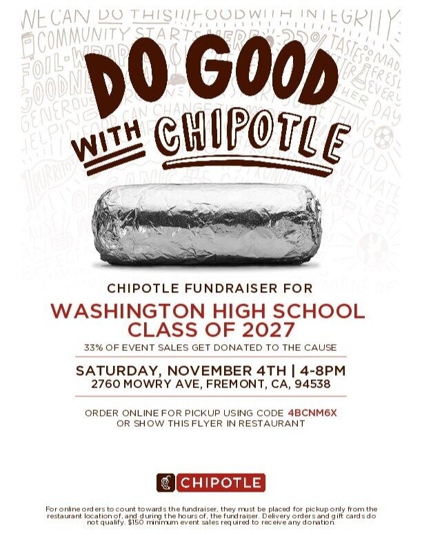 class of 2027 is doing a fundraiser with chipotle on saturday novemeber 4th from 4-8pm! help support the class of 2027!

print the flyer using this link:
https://tinyurl.com/whs-co-2027