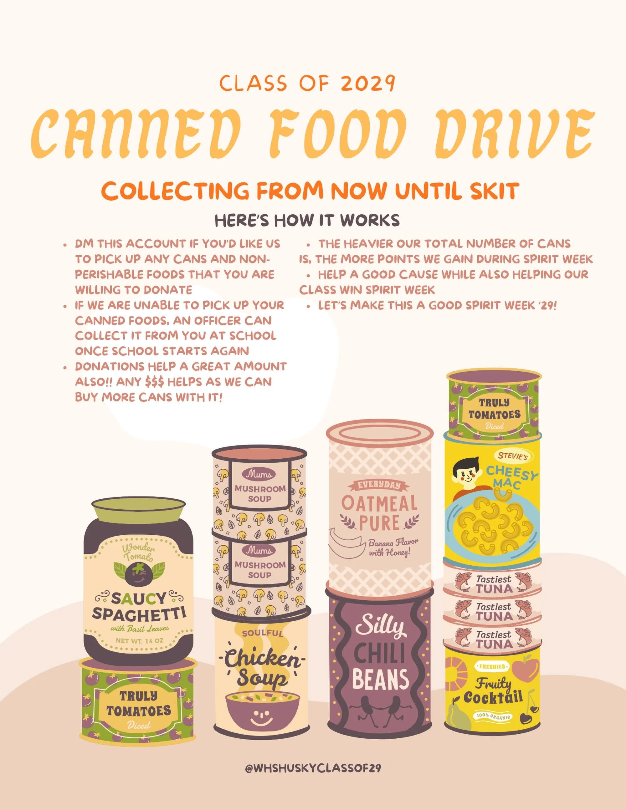 What&rsquo;s up 2029?! The first step towards a great spirit week is collecting as many cans as possible!! Read this post for more info on how you can help ☀️🥫