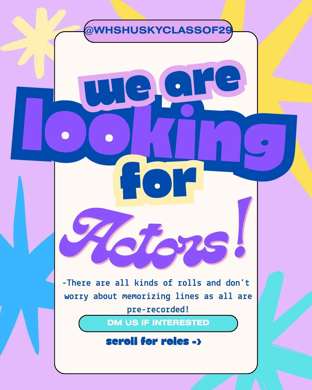 Sophomores! DM us if you&rsquo;re interested in playing a role in our second skit! While some roles may seem like they have few lines, every character has a special moment, get readyyyyyy 🥳💜