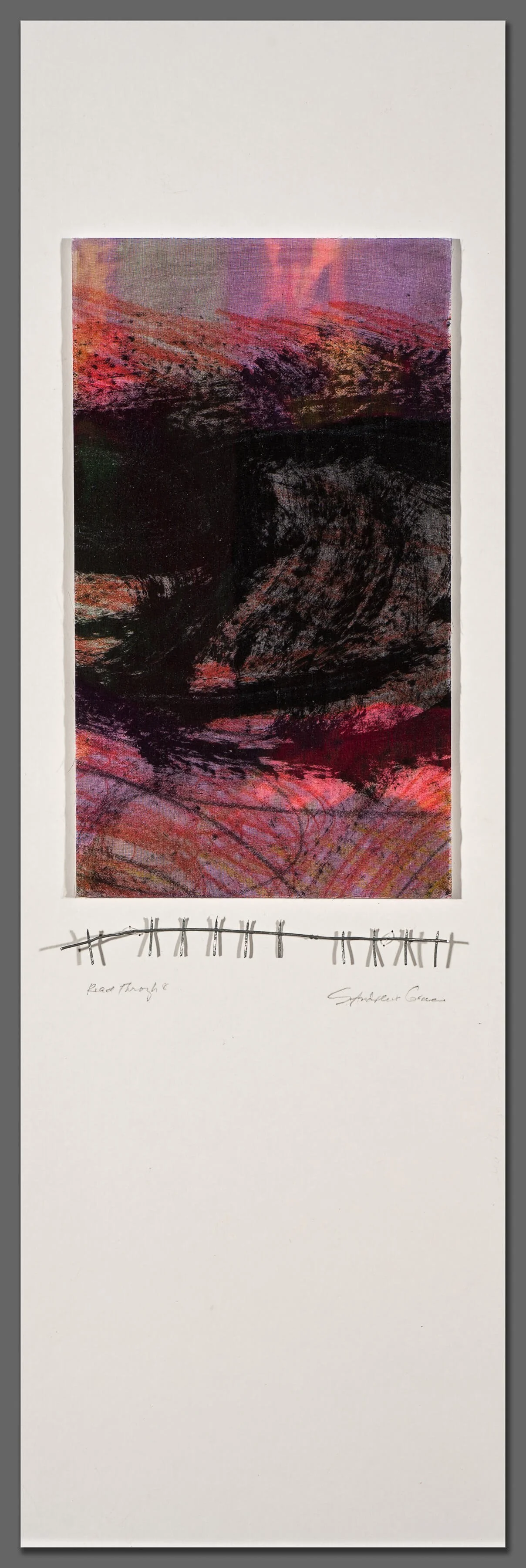 READ THROUGH 10:  Screen-printed silk organza over vellum drawing, methylcellulose mixture, 1 panel on mat board, wire fencing,  24” x 8”  