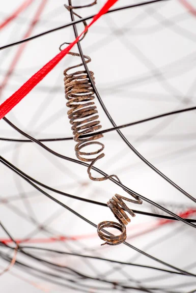 Shared Red Thread Galaxy, detail: copper spring, red ribbon