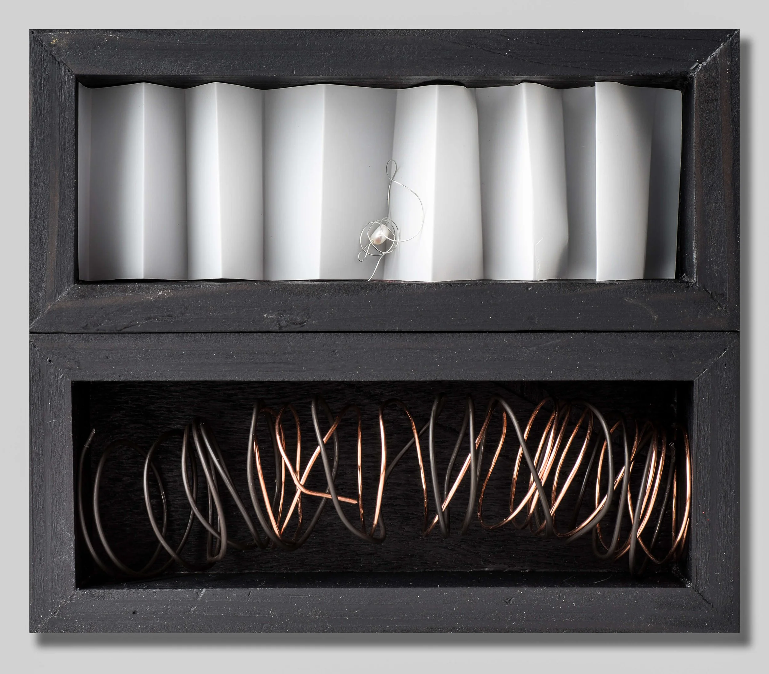 MARRIAGE BOX ONE, a+b: Dura-lar, freshwater pearl, rebar tie, galvanized steel, copper wires. Handmade fir boxes, artist acrylic paint and varnish), 3” x 7” x 1 1/2” (7.6 x 17.7 x 3.8 cm) Pair: 6” x 7” x 3” (15.2 x 17.7 x 3.8 cm), 2015