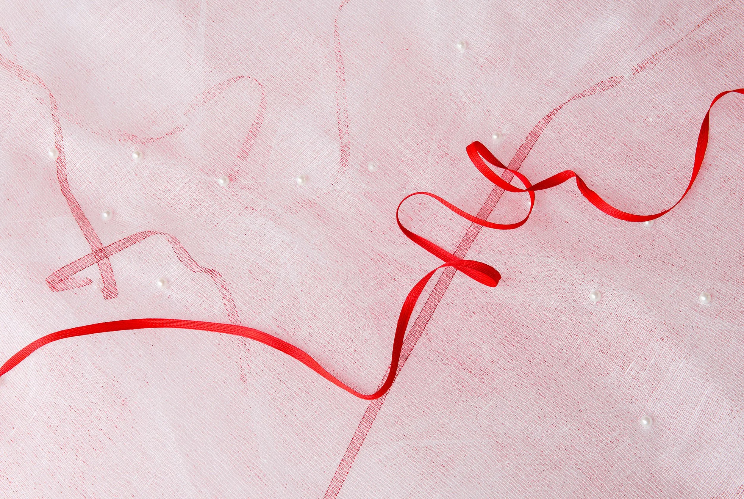 [DETAIL] MATRIMONIAL BED: Coverlet/Mattress: Cotton butter cloth, habotai silk top, tulle batt, ribbon, ‘pearls,’ red poly spider writing backing, hand sewn. 58” x 48” (147 cm x 122 cm), 2015 