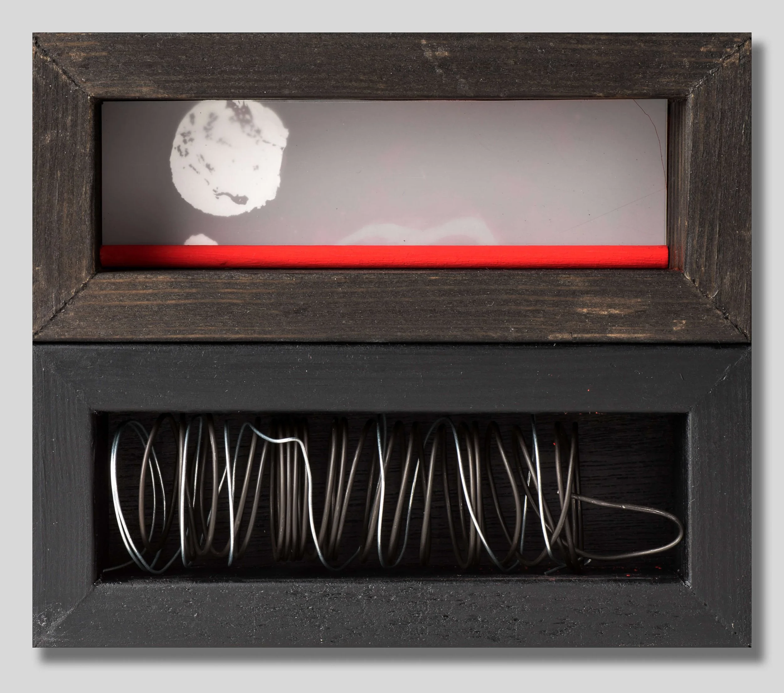 MARRIAGE BOX FIVE, a+b:

 Dura-lar, silver leaf on screen printed silk organza, rebar tie, galvanized steel, copper wires, Flashé paint on wire fencing, Flashé paint on wire fencing, pearl button. Hand-made fir boxes, artist acrylic paint and varnish