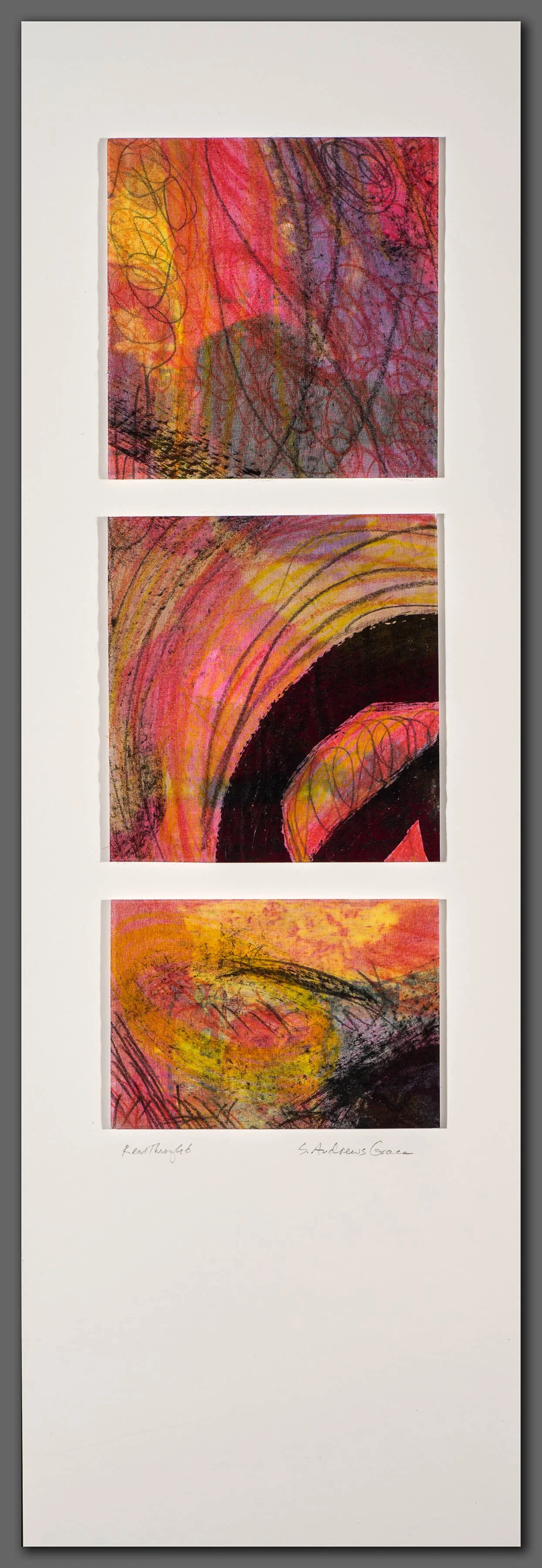READ THROUGH 6: Screen-printed silk organza over vellum drawing, methylcellulose mixture, 3 panels on matboard, 30” x 10” (76.2 x 25.4 cm), 2015