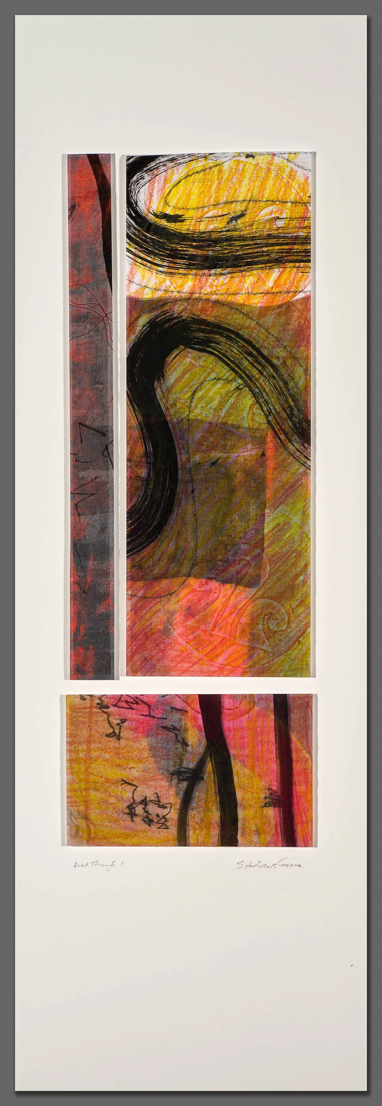 READ THROUGH 1: Screen-printed silk organza over vellum drawing, methylcellulose mixture, 3 panels on matboard, 30” x 10” (76.2 x 25.4 cm), 2015