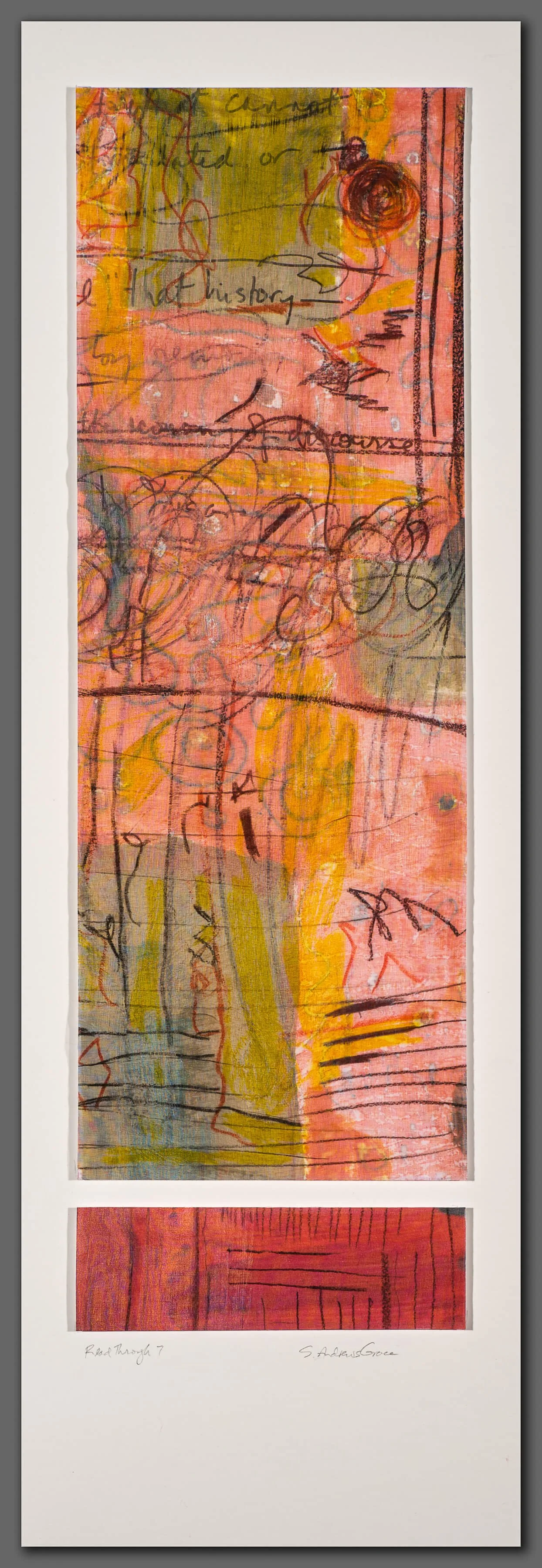 READ THROUGH 7: Screen-printed silk organza over vellum drawing, methylcellulose mixture, 2 panels on matboard, 30” x 10” (76.2 x 25.4 cm), 2015
