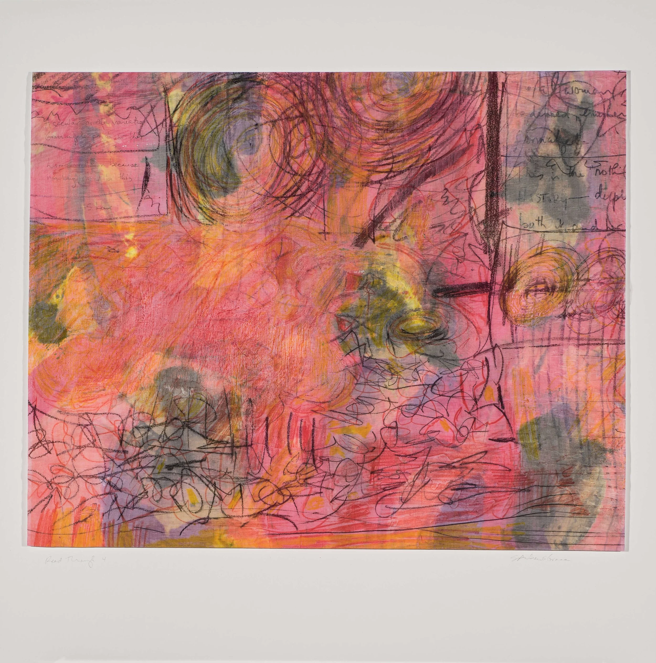 READ THROUGH 4: Screen-printed silk organza over vellum drawing, methylcellulose mixture,  panel on matboard,  30” x 30,” (76.2 x 76.2 cm), 2015