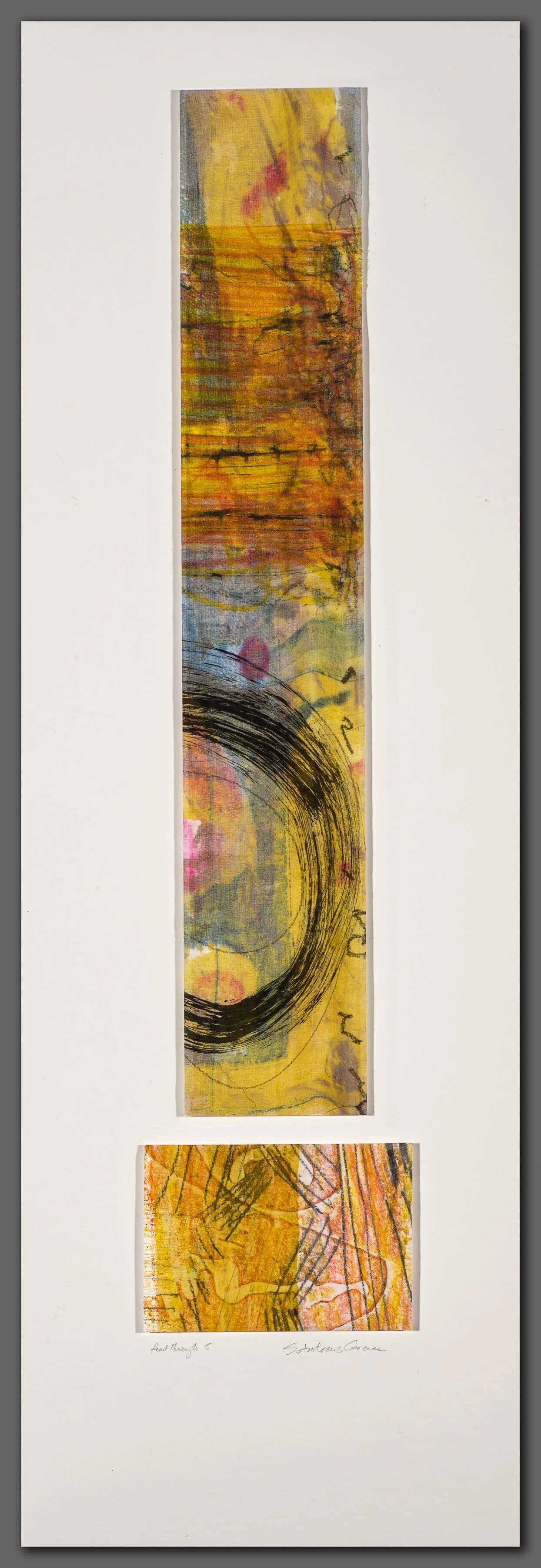 READ THROUGH 5: Screen-printed silk organza over vellum drawing, methylcellulose mixture, 2 panels on matboard, 30” x 10” (76.2 x 25.4 cm), 2015