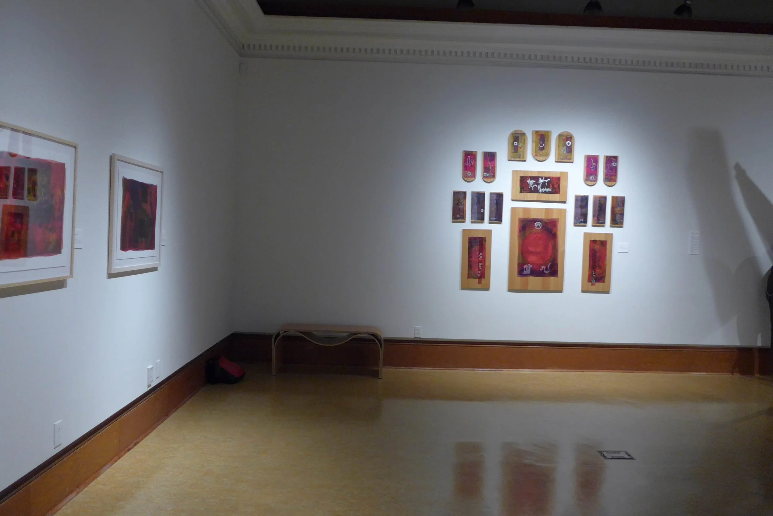 [Installation] UNDERWRITTEN ICONOSTATIS: 17 icons, silk habotai and organza collage and drawings on larch wood in varying shapes and sizes, 2012